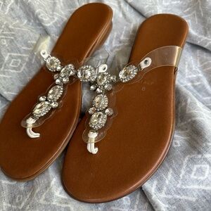 Italian Leather Brown Thong Sandals with Sparkly Rhinestone Embellishments